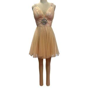 Bee Darlin 5/6 Peach Cocktail Dress With Rhinestone Embellishments Tulle Skirt H